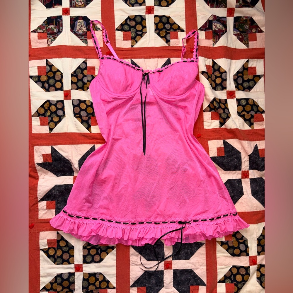 Y2K Victorias Secret 04 Hot Pink Black Ribbon Babydoll Dress Size 36B